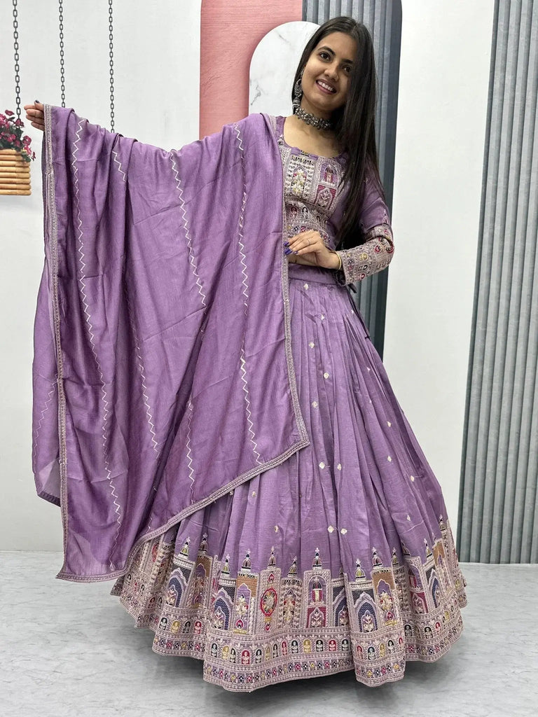 Attractive Lavender Silk Embroidered Reception Wear Lehenga Choli - Ethnic Plus In