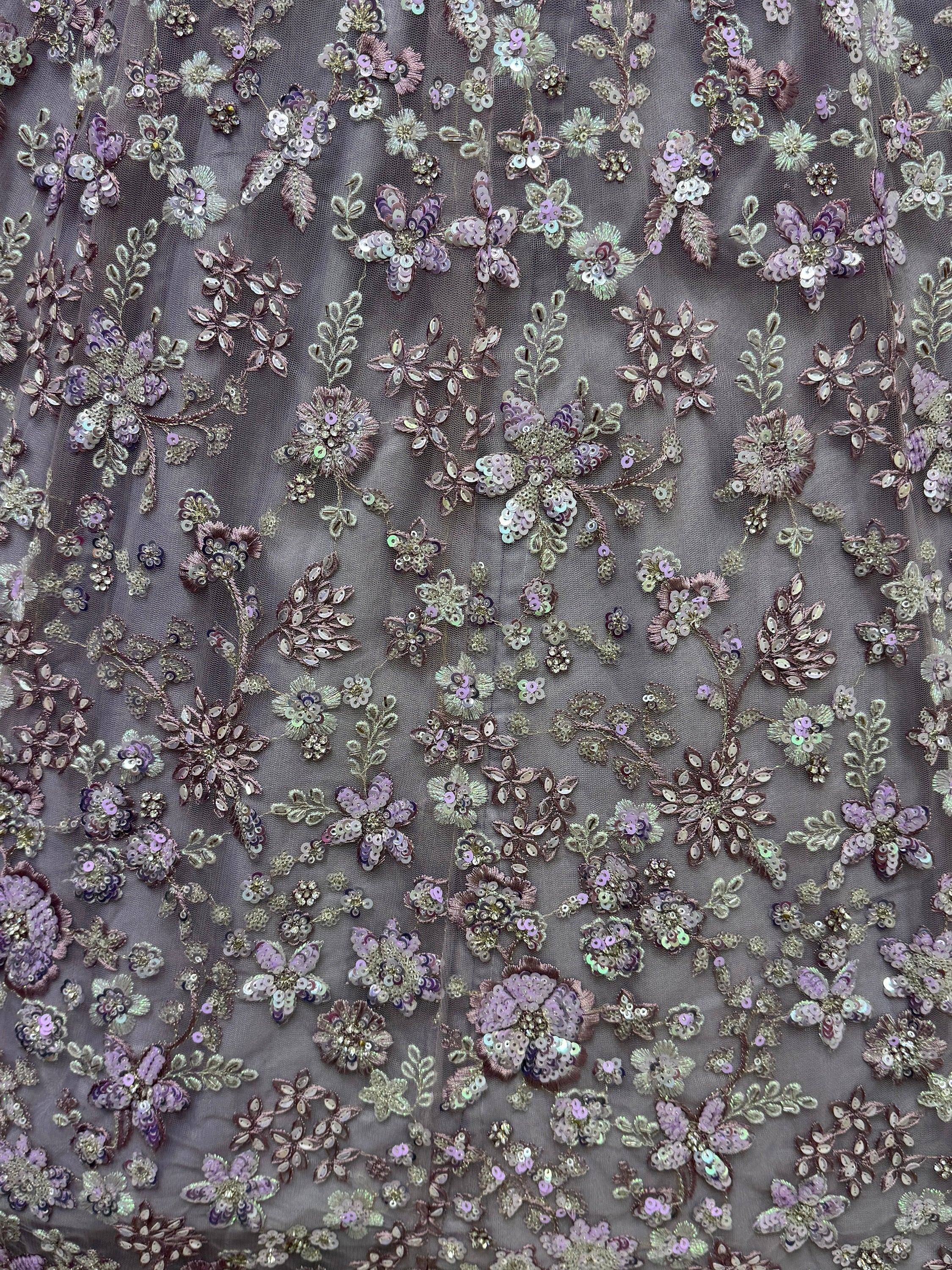 Purple floral sequin embroidery on sheer fabric for ethnic wear