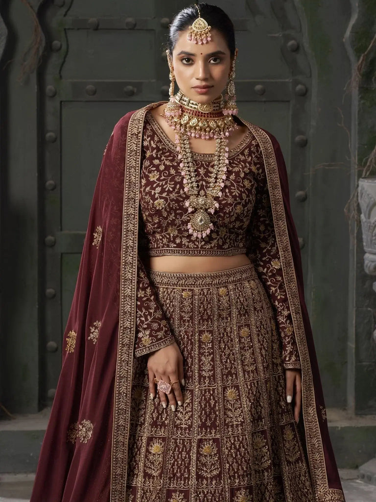 Attractive Maroon Codding Work Georgette Lehenga Choli With Dupatta - Ethnic Plus In