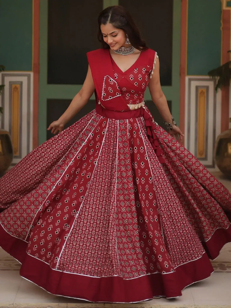 Attractive Maroon Printed Rayon Navratri Wear Lehenga Choli With Dupatta - Ethnic Plus In