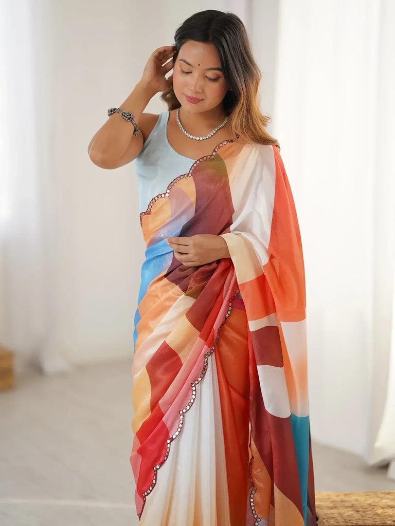 Attractive Multi Color Chinon Traditional Saree With Blouse - Ethnic Plus In