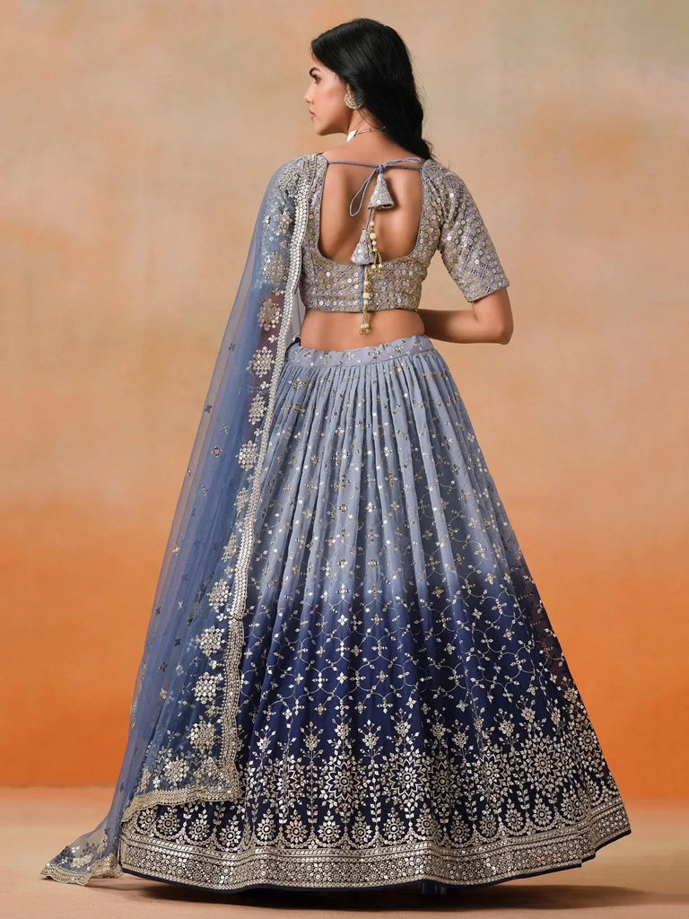 Attractive Navy Blue Embroidered Reception Wear Lehenga Choli - Ethnic Plus In