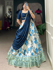 Attractive Navy Blue Floral Printed Dola Silk Festival Wear Lehenga Choli - Ethnic Plus In