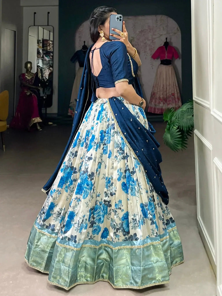 Attractive Navy Blue Floral Printed Dola Silk Festival Wear Lehenga Choli - Ethnic Plus In