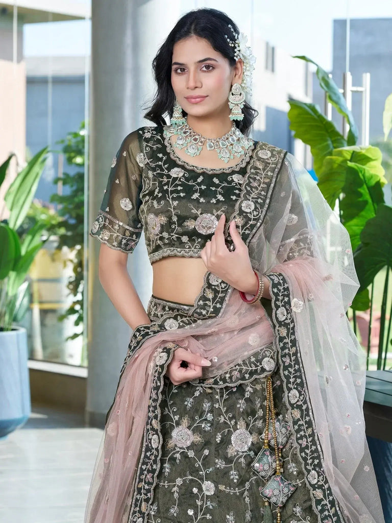 Attractive Olive Green Jarkan Work Silk Mehendi Wear Lehenga Choli - Ethnic Plus In
