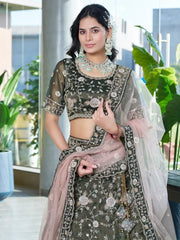 Attractive Olive Green Jarkan Work Silk Mehendi Wear Lehenga Choli - Ethnic Plus In