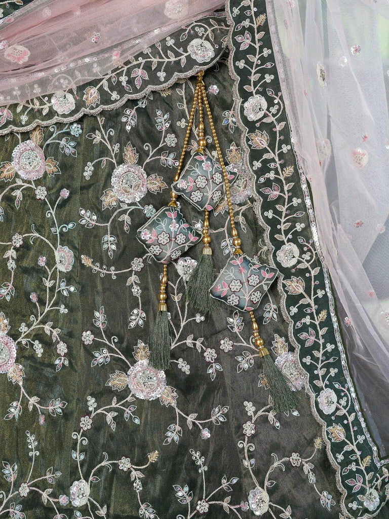 Attractive Olive Green Jarkan Work Silk Mehendi Wear Lehenga Choli - Ethnic Plus In