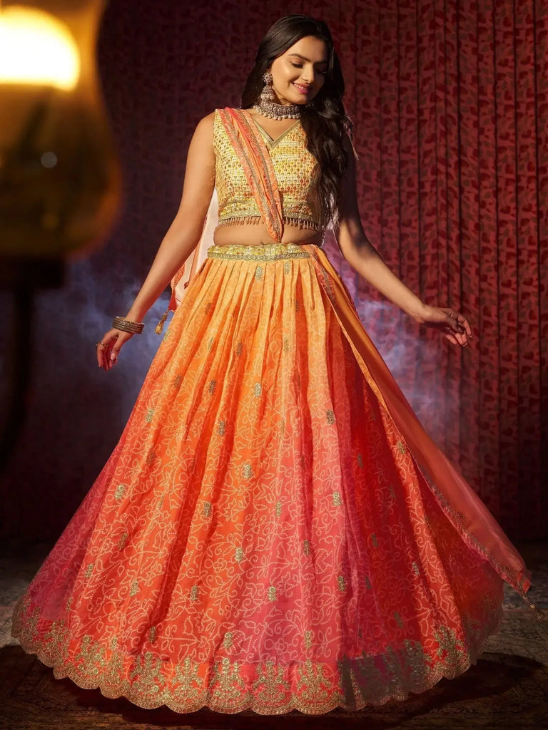 Attractive Orange Printed Organza Reception Lehenga Choli With Dupatta - Ethnic Plus In