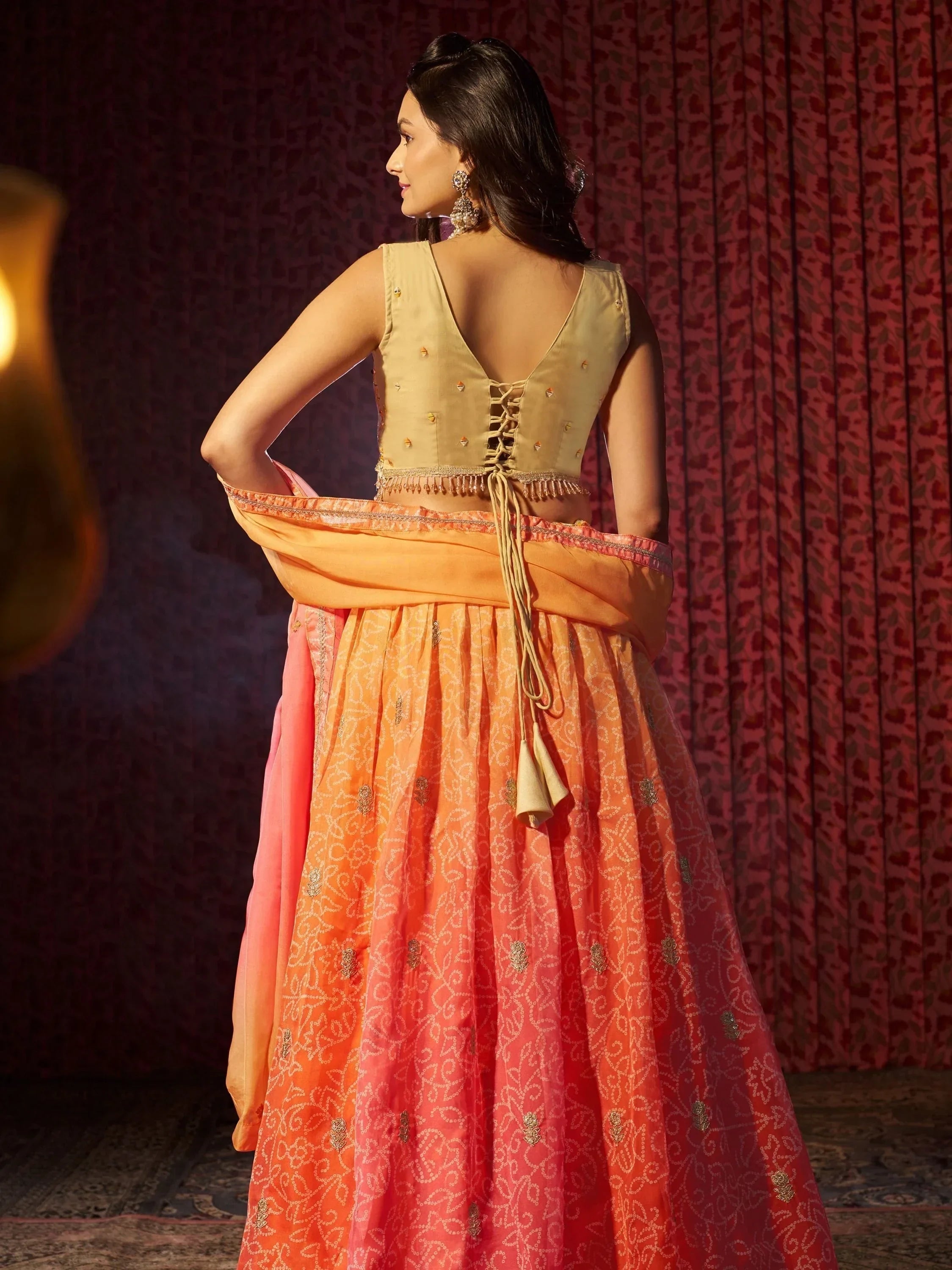 Orange ombre lehenga choli with gold embroidery and back lace-up blouse, Indian ethnic wear