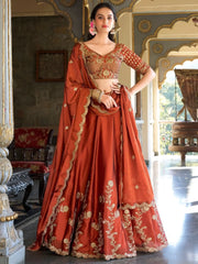 Attractive Orange Thread Embroidery Silk Wedding Wear Lehenga Choli - Ethnic Plus In