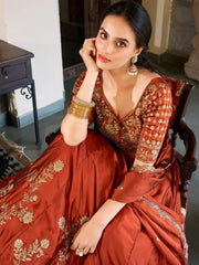 Attractive Orange Thread Embroidery Silk Wedding Wear Lehenga Choli - Ethnic Plus In