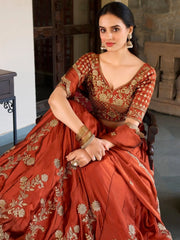 Attractive Orange Thread Embroidery Silk Wedding Wear Lehenga Choli - Ethnic Plus In
