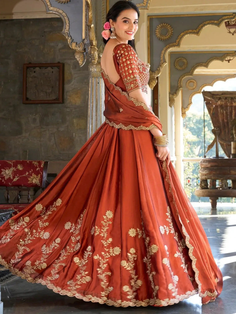Attractive Orange Thread Embroidery Silk Wedding Wear Lehenga Choli - Ethnic Plus In