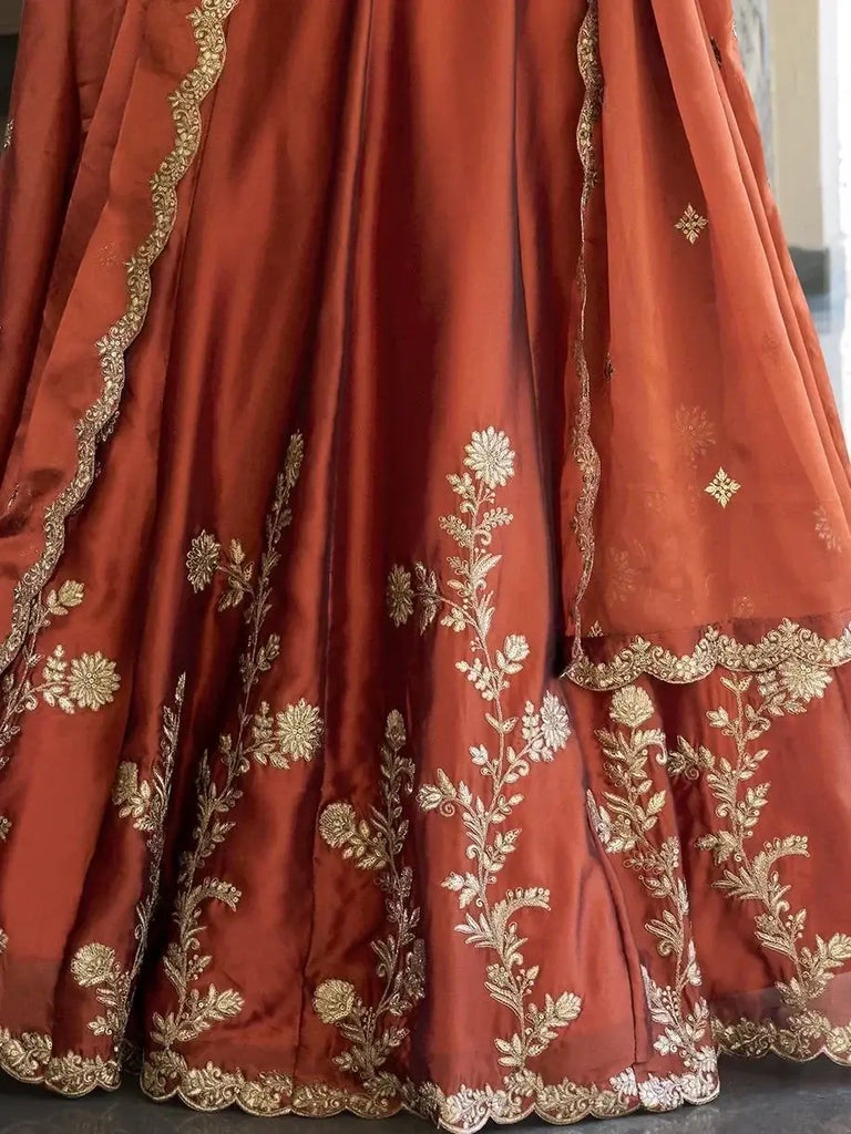 Attractive Orange Thread Embroidery Silk Wedding Wear Lehenga Choli - Ethnic Plus In