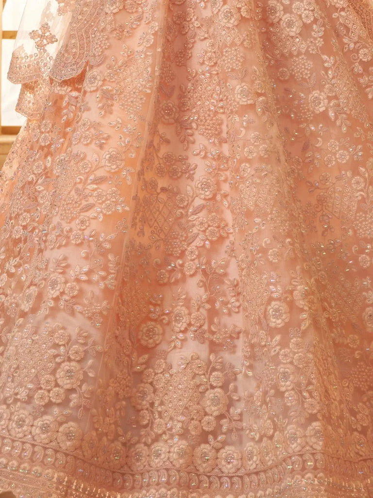 Attractive Peach Embroidery Work Net Bridesmaid Lehenga Choli - Ethnic Plus In
