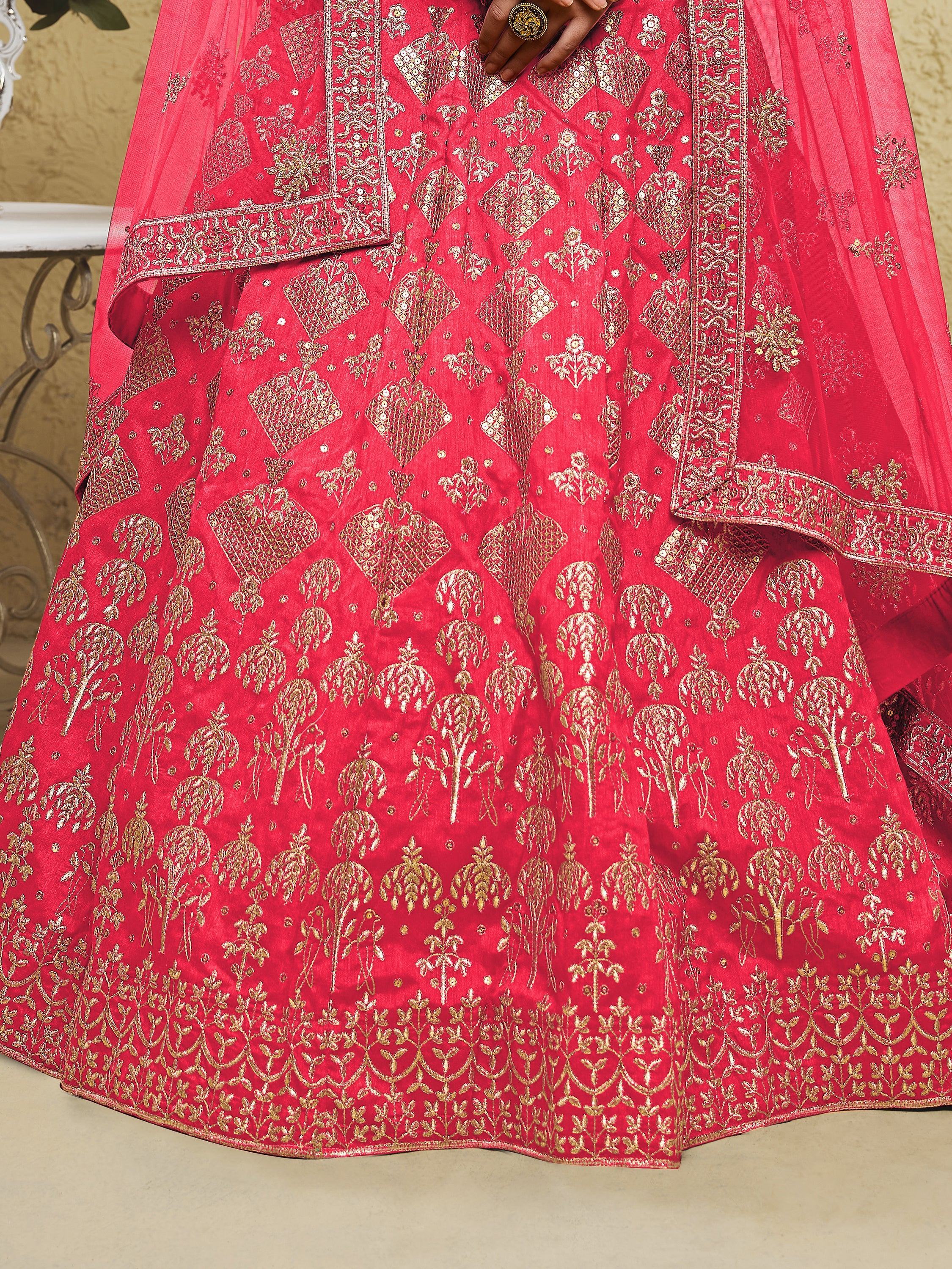 Red designer lehenga with gold embroidery and sequin work, ethnic Indian wear