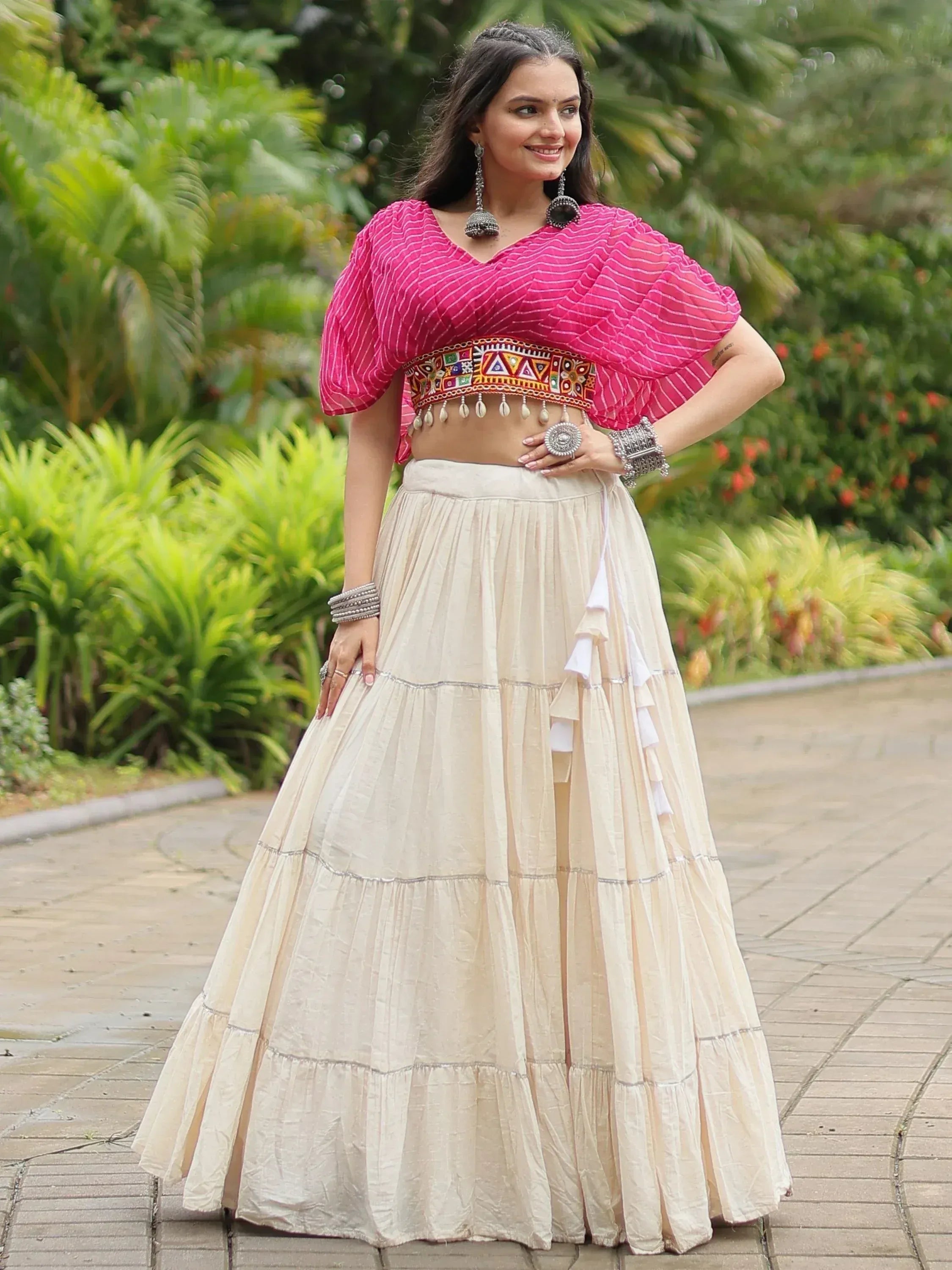 Pink striped crop top with embroidered belt and cream tiered skirt, Indian ethnic wear
