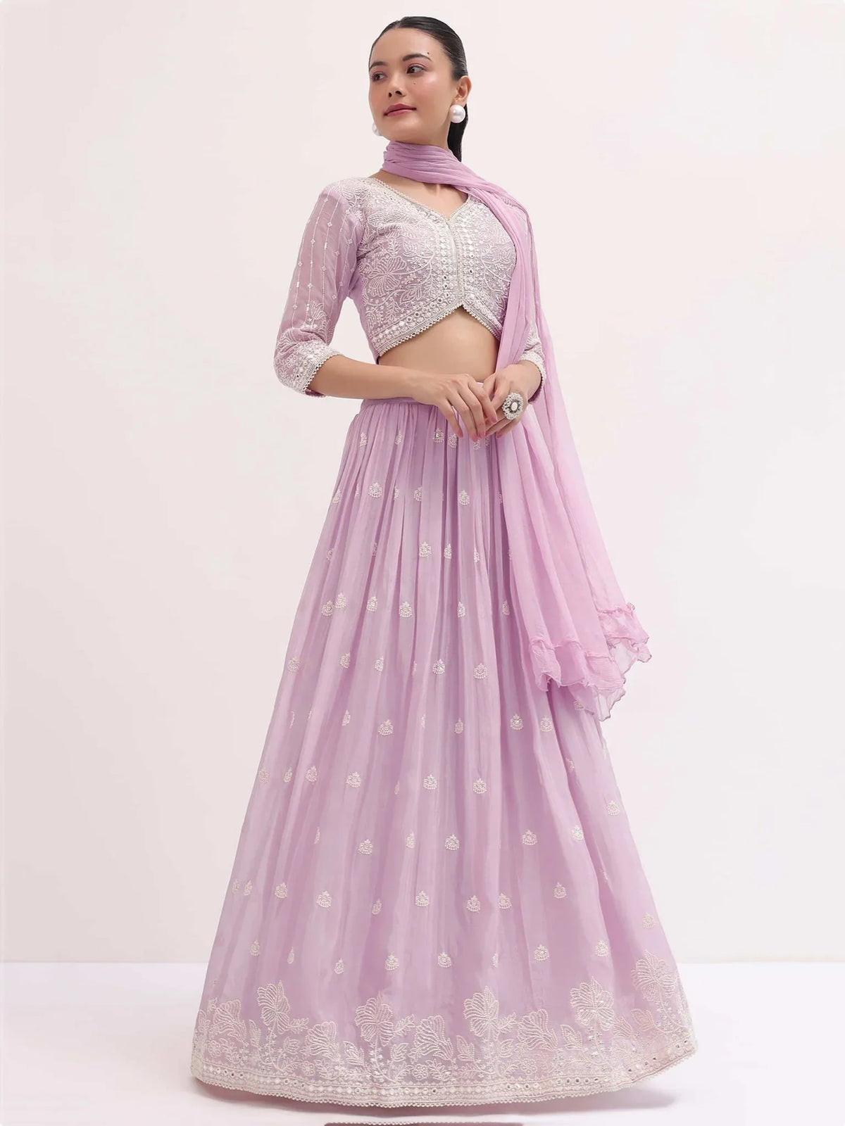 Attractive Pink Thread Embroidered Georgette Event Wear Lehenga Choli - Ethnic Plus In