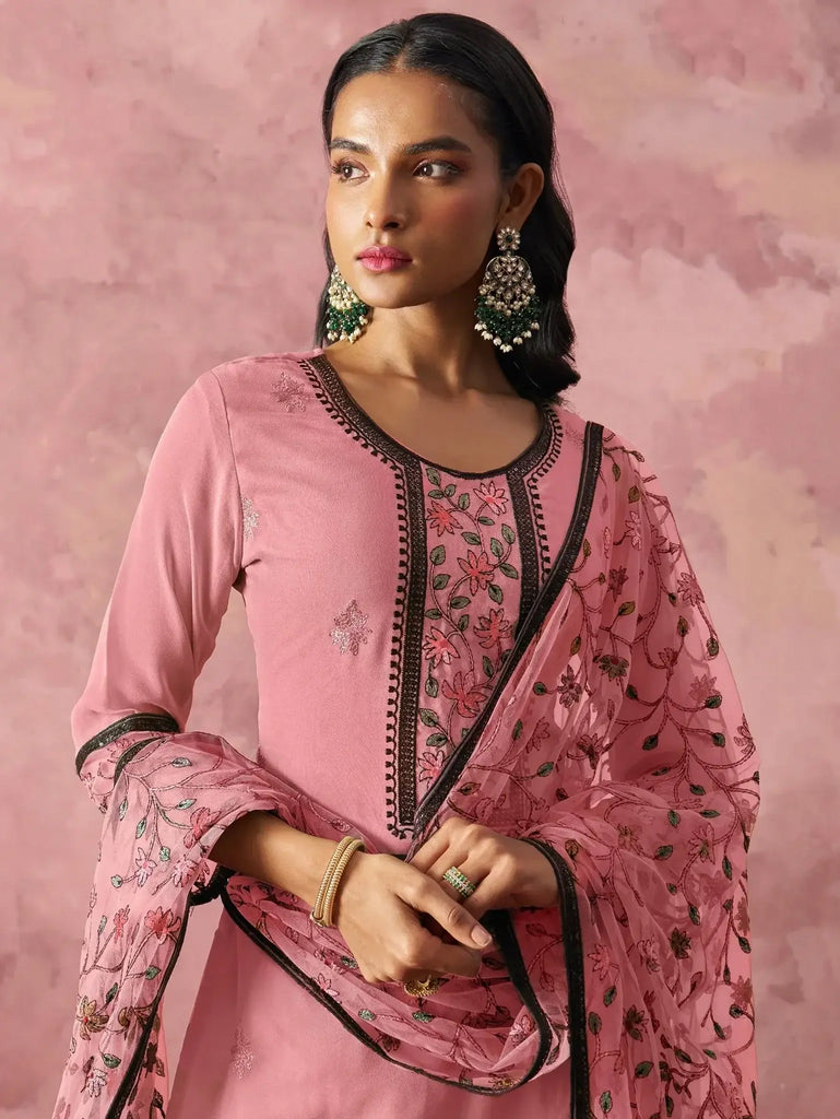 Attractive Pink Thread Embroidery Party Wear Pant Suit - Ethnic Plus In