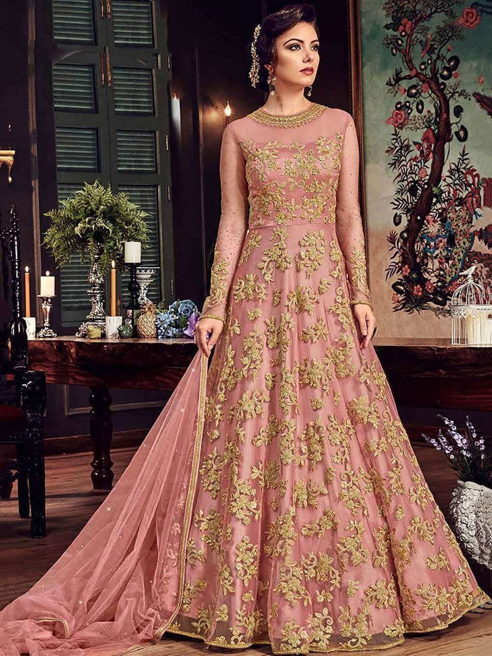 Attractive Pink Zari Embroidered Net Engagement Wear Gown - Ethnic Plus In