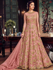 Attractive Pink Zari Embroidered Net Engagement Wear Gown - Ethnic Plus In