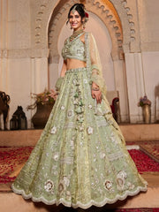 Attractive Pista Green Sequins Tissue Silk Designer Lehenga Choli - Ethnic Plus In