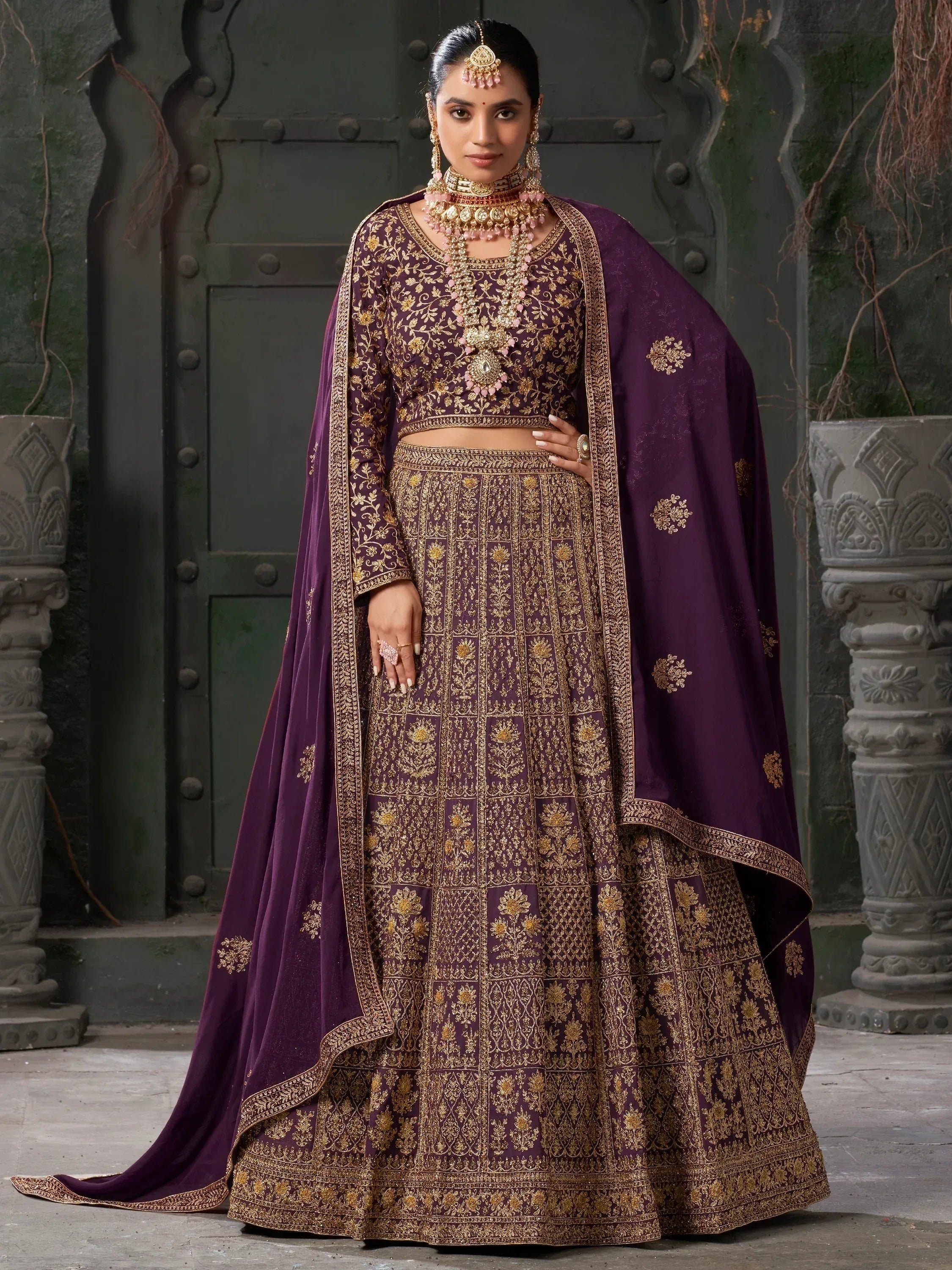 Purple and gold embroidered lehenga choli with dupatta, Indian ethnic wear for weddings