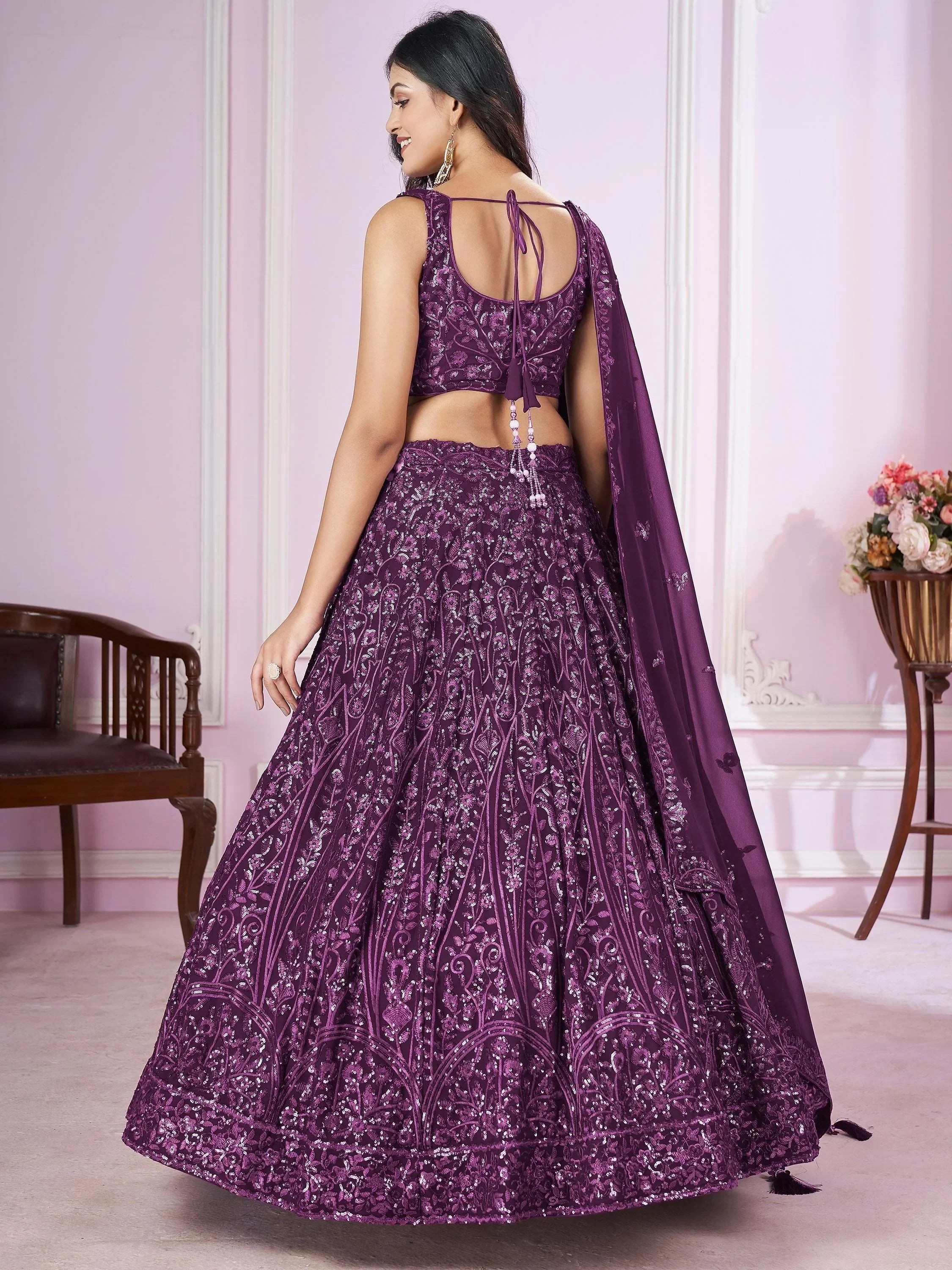 Purple embroidered lehenga choli with back tie blouse and dupatta, Indian ethnic wear