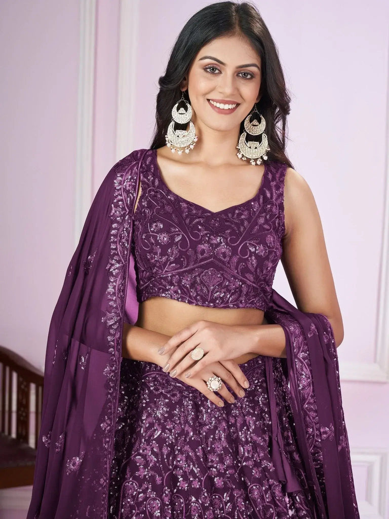 Attractive Purple Sequins Georgette Wedding Wear Lehenga Choli - Ethnic Plus In