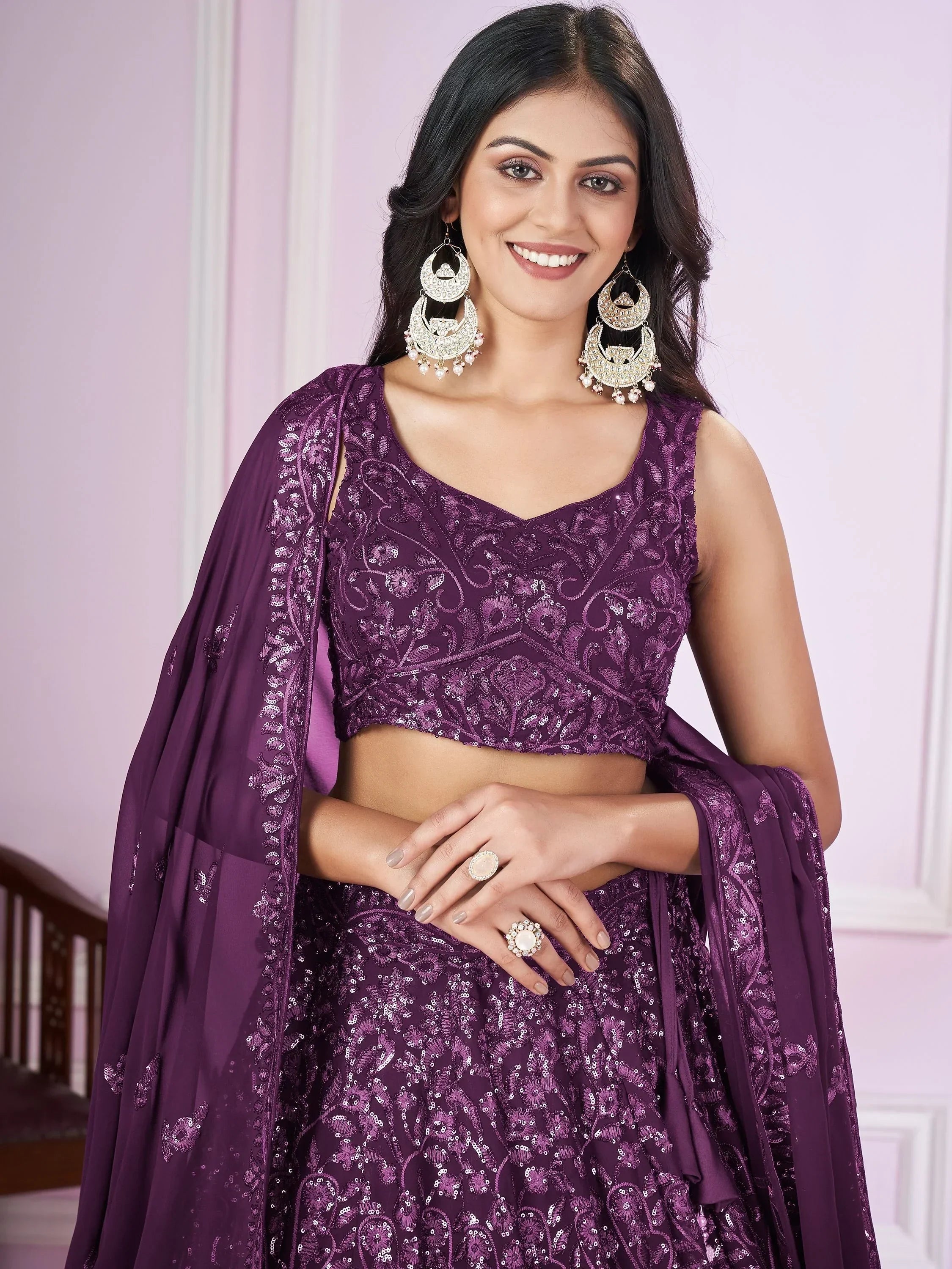 Purple sequin lehenga choli with embroidered dupatta, perfect for Indian ethnic wear occasions