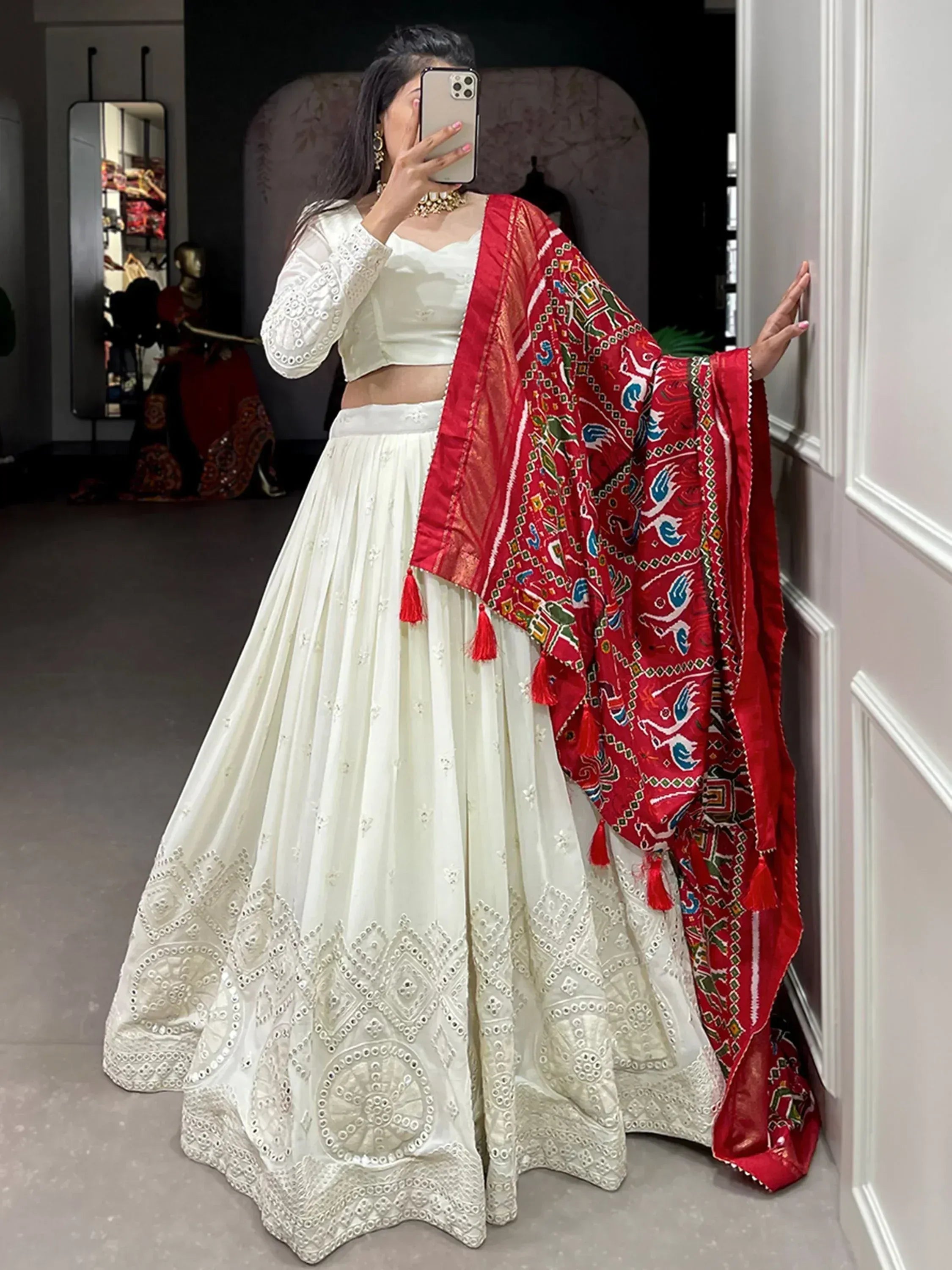 White embroidered lehenga choli with red printed dupatta, Indian ethnic wear for women