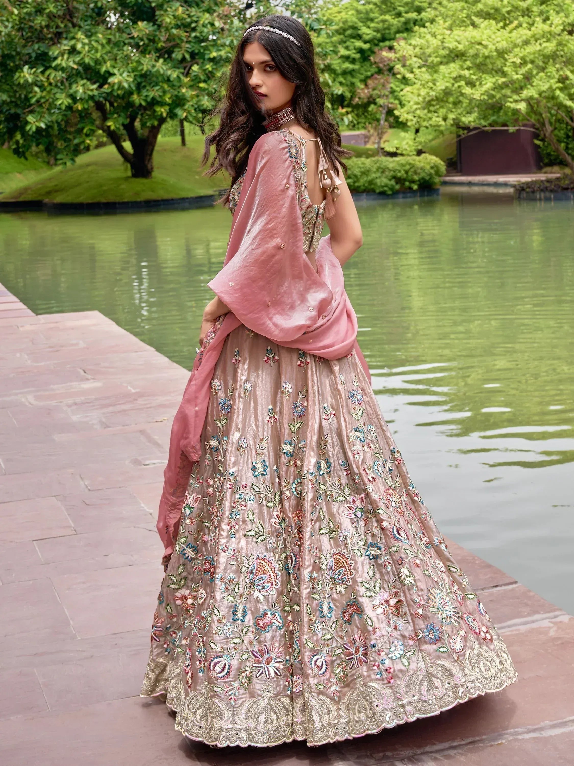 Elegant floral embroidered lehenga choli with pink dupatta, perfect for Indian ethnic occasions