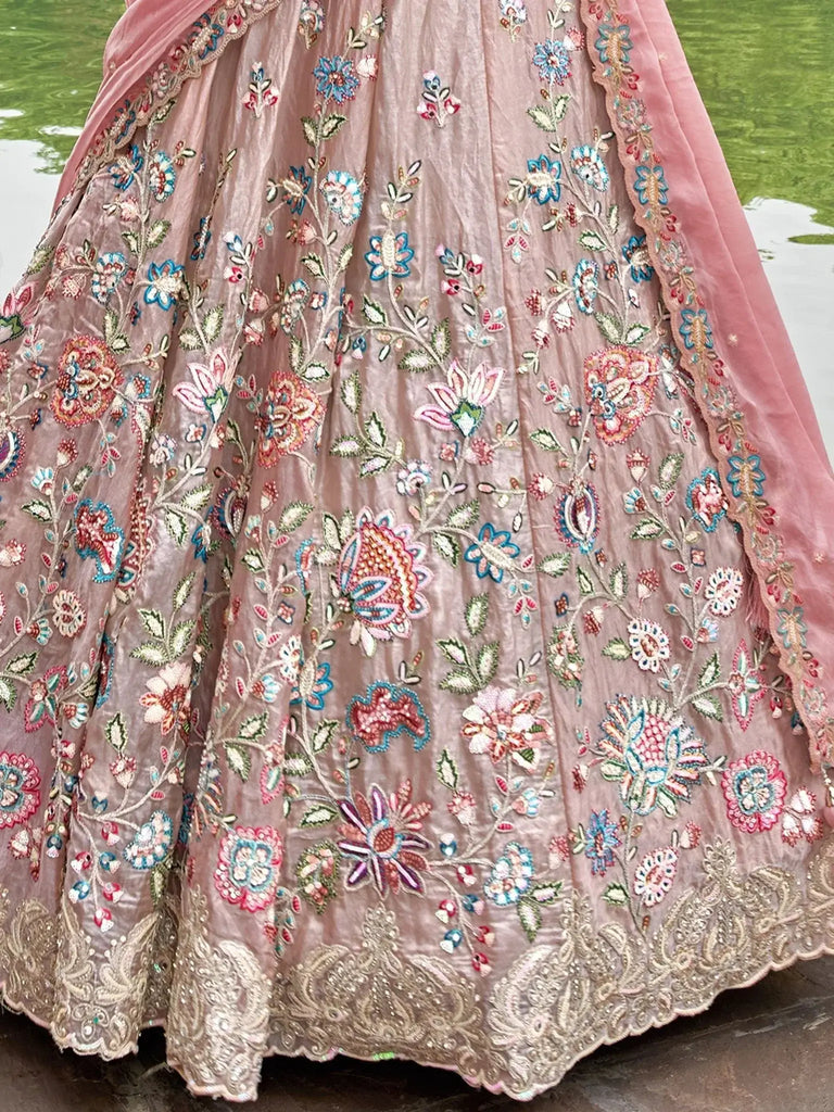 Attractive Rose Gold Thread Work Organza Engagement Wear Lehenga Choli - Ethnic Plus In