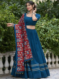Attractive Teal Blue Color Mirror Work Cotton Navratri Lehenga Choli - Ethnic Plus In