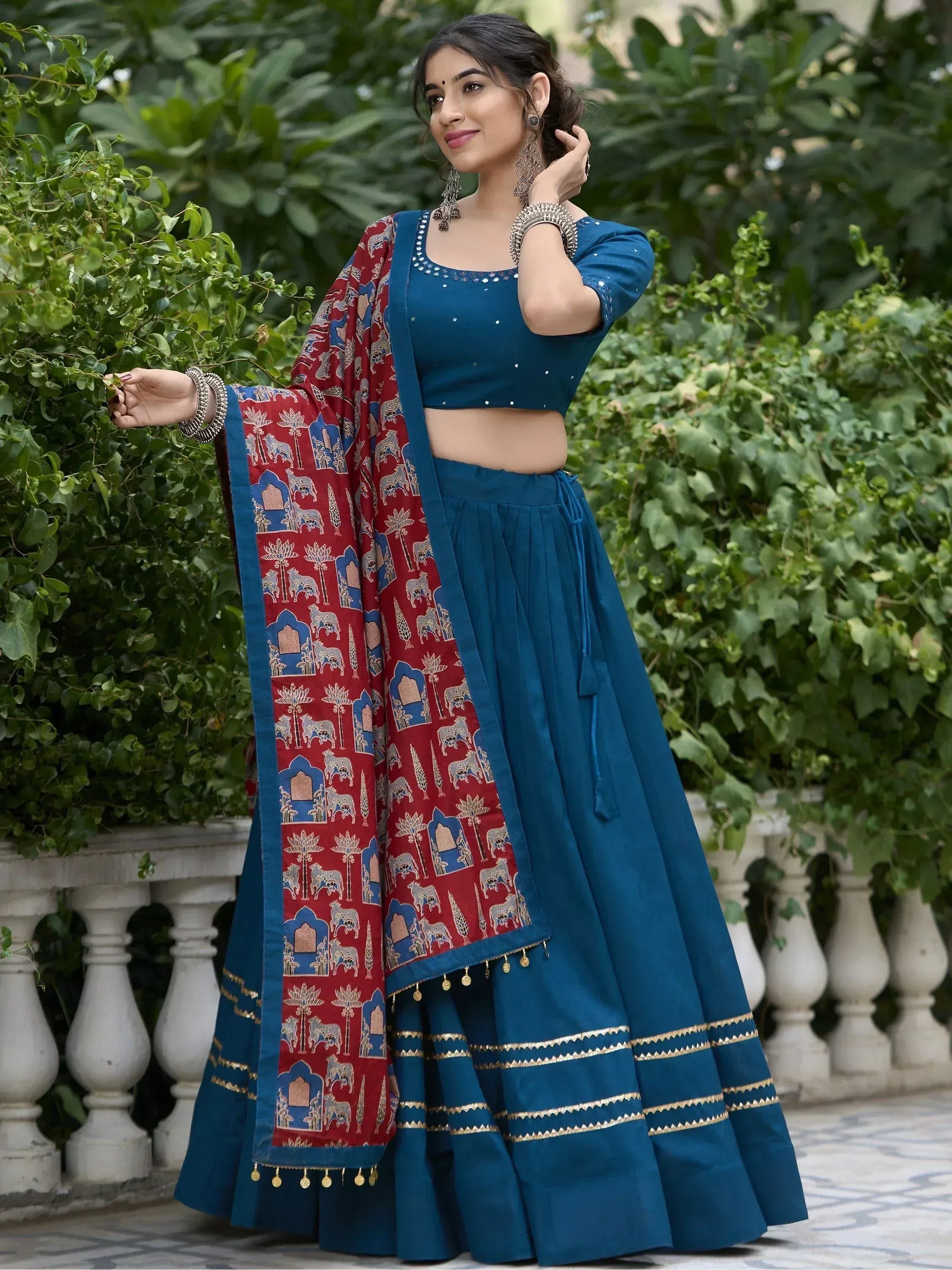 Teal blue lehenga choli with red printed dupatta, ethnic Indian wear for women