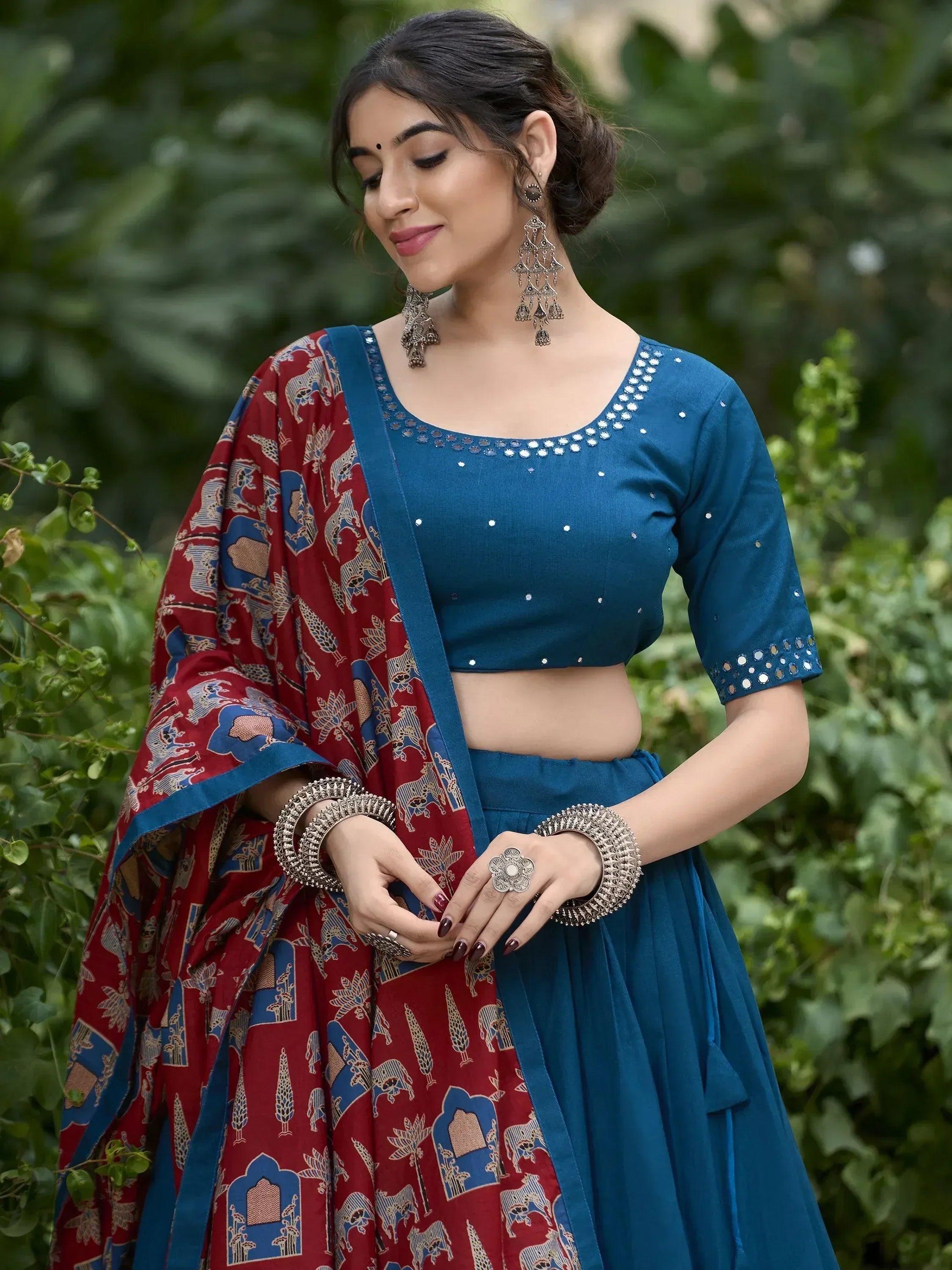 Blue lehenga choli with red printed dupatta, ethnic Indian wear for women
