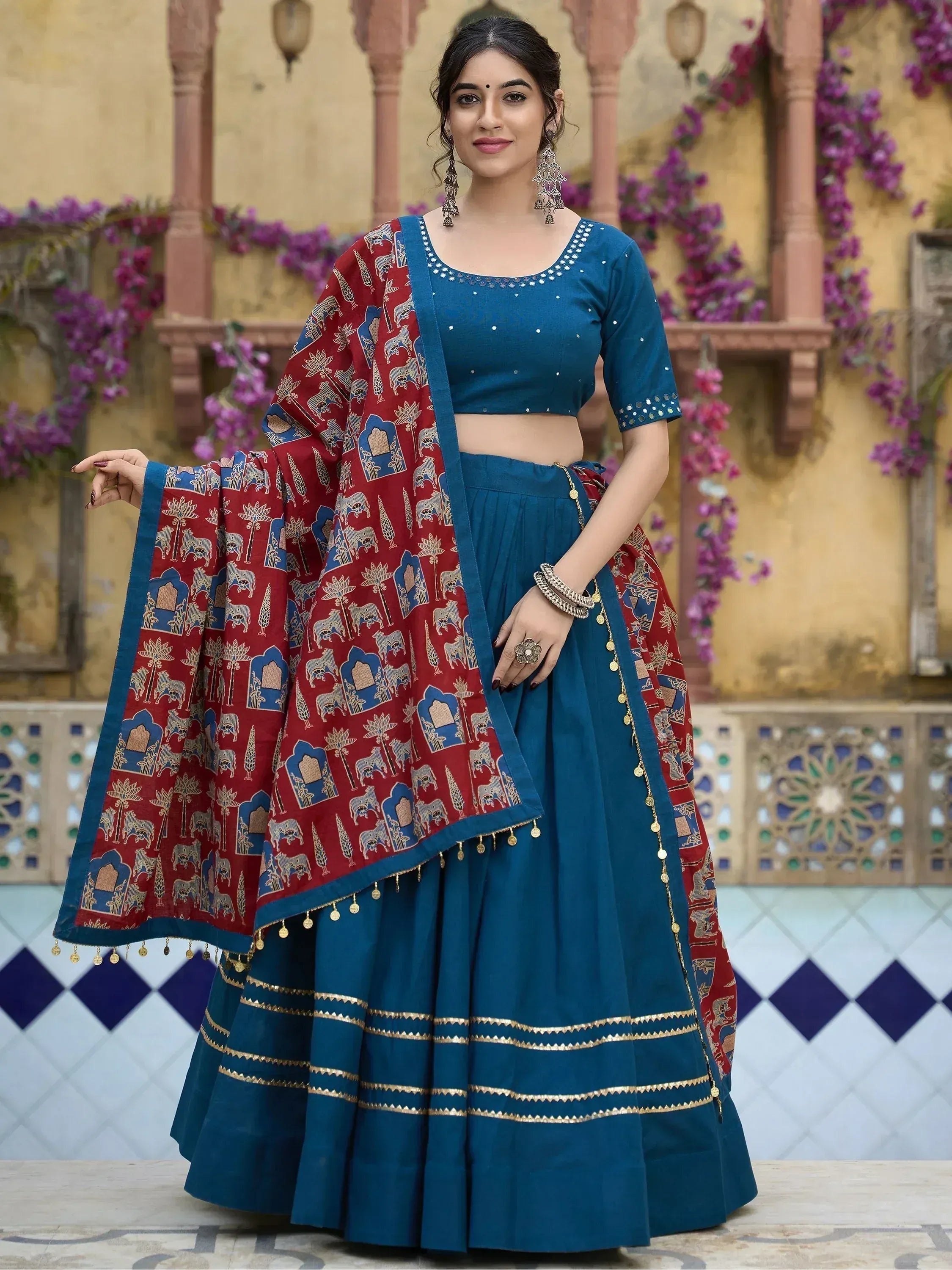 Teal lehenga choli with red printed dupatta, ethnic Indian wear for women