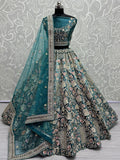 Attractive Teal Blue Embroidered Velvet Bridal Lehenga Choli With Dupatta - Ethnic Plus In