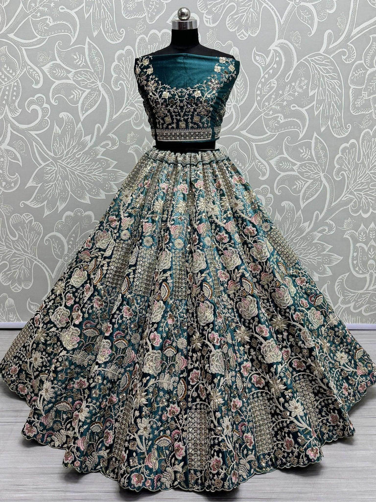 Attractive Teal Blue Embroidered Velvet Bridal Lehenga Choli With Dupatta - Ethnic Plus In