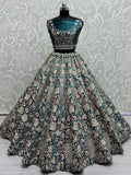 Attractive Teal Blue Embroidered Velvet Bridal Lehenga Choli With Dupatta - Ethnic Plus In