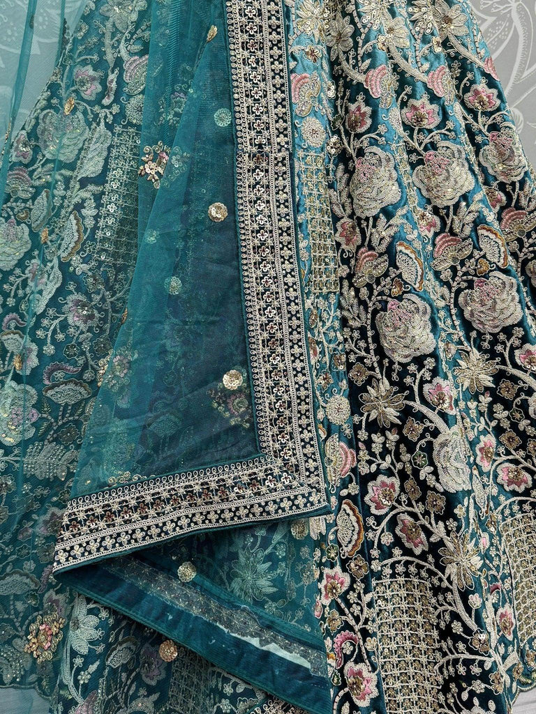 Attractive Teal Blue Embroidered Velvet Bridal Lehenga Choli With Dupatta - Ethnic Plus In