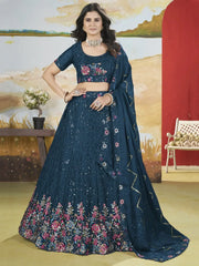 Attractive Teal Blue Sequins Chinon Engagement Wear Lehenga Choli - Ethnic Plus In