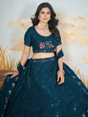 Attractive Teal Blue Sequins Chinon Engagement Wear Lehenga Choli - Ethnic Plus In