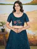 Attractive Teal Blue Sequins Chinon Engagement Wear Lehenga Choli - Ethnic Plus In