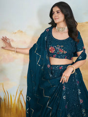 Attractive Teal Blue Sequins Chinon Engagement Wear Lehenga Choli - Ethnic Plus In