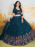 Attractive Teal Blue Sequins Chinon Engagement Wear Lehenga Choli - Ethnic Plus In