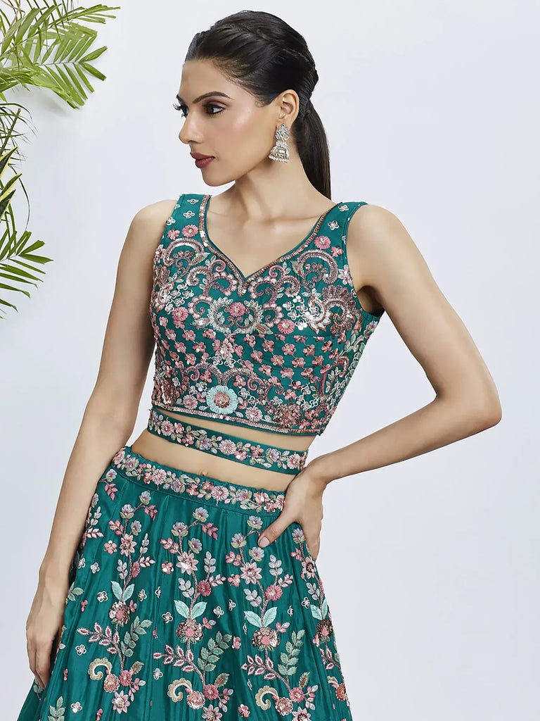Attractive Teal Green Embroidered Georgette Lehenga Choli With Dupatta - Ethnic Plus In