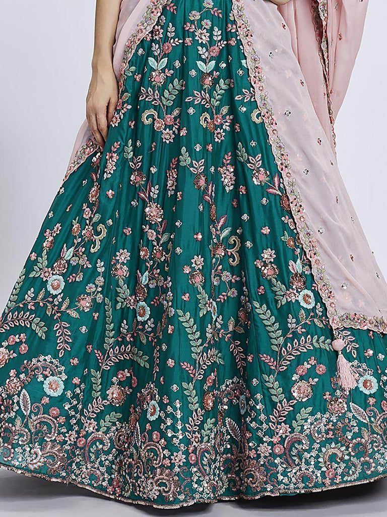 Attractive Teal Green Embroidered Georgette Lehenga Choli With Dupatta - Ethnic Plus In