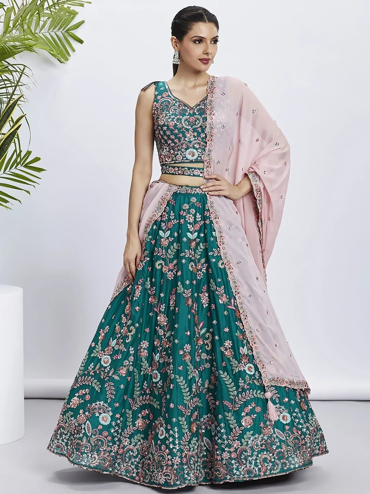 Attractive Teal Green Embroidered Georgette Lehenga Choli With Dupatta - Ethnic Plus In