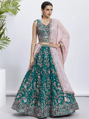 Attractive Teal Green Embroidered Georgette Lehenga Choli With Dupatta - Ethnic Plus In
